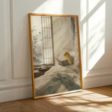 Waterslager Canary Reading in Bed illustration for a japanese zen sumi-e paper poster