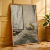 Poster print featuring Waterslager Canary Reading in Bed with japanese zen sumi-e detailing
