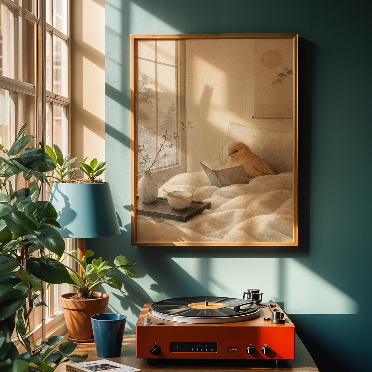 Poster artwork depicting Cinnamon Canary Reading in Bed in japanese zen sumi-e style