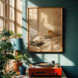 Poster artwork depicting Cinnamon Canary Reading in Bed in japanese zen sumi-e style