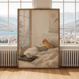 Print illustration of Cinnamon Canary Reading in Bed with japanese zen sumi-e artwork