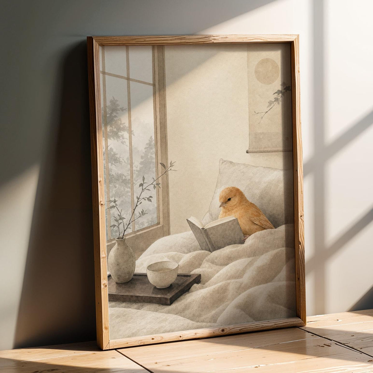Artwork portraying Cinnamon Canary Reading in Bed in a japanese zen sumi-e composition