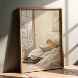 Artwork portraying Cinnamon Canary Reading in Bed in a japanese zen sumi-e composition