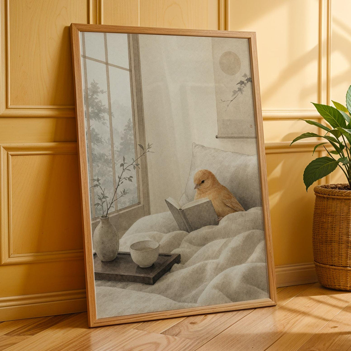 Poster print featuring Cinnamon Canary Reading in Bed with japanese zen sumi-e detailing