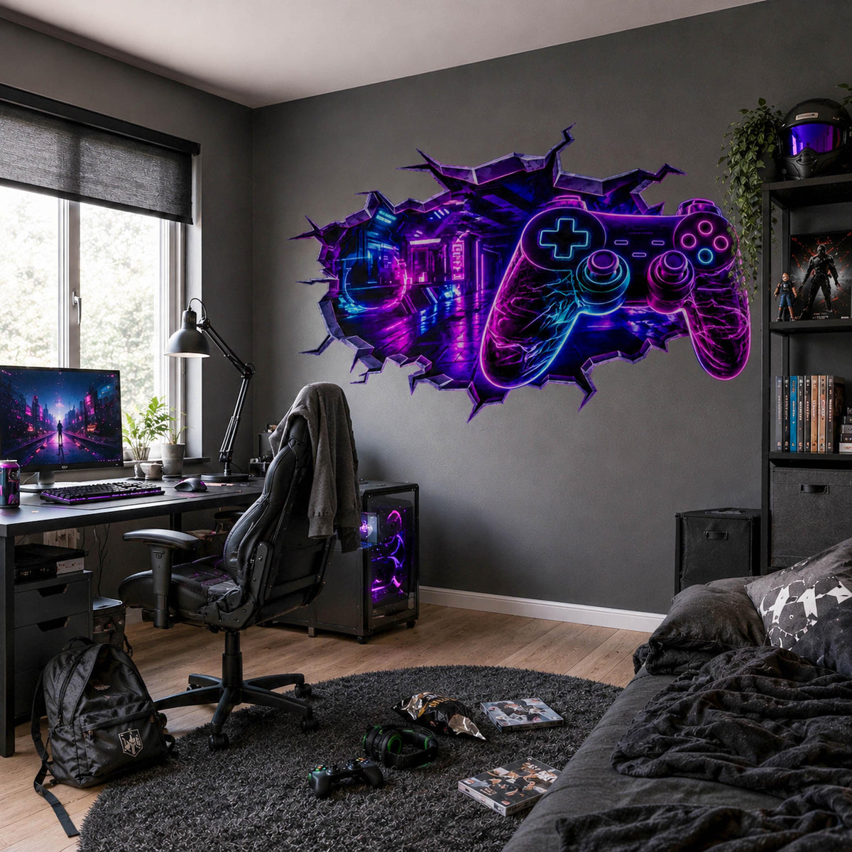 Wall decal illustration depicting a glowing controller in a futuristic broken wall design
