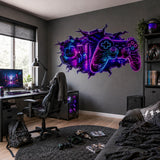 Wall decal illustration depicting a glowing controller in a futuristic broken wall design