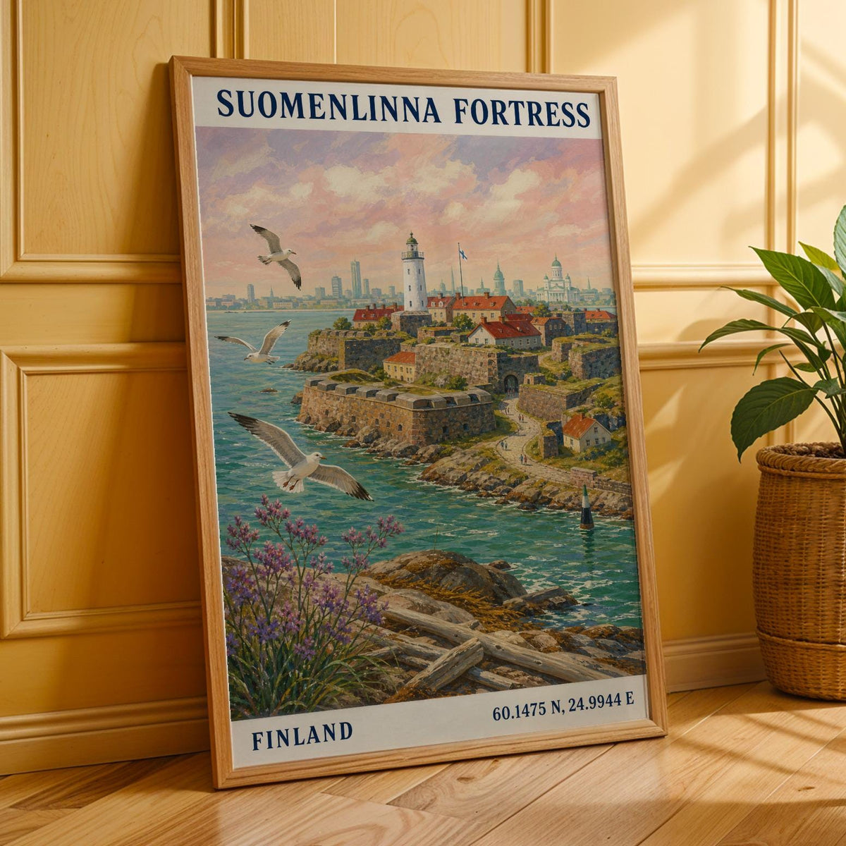 Wall art print depicting Suomenlinna Fortress Art Print with illustrated brushwork