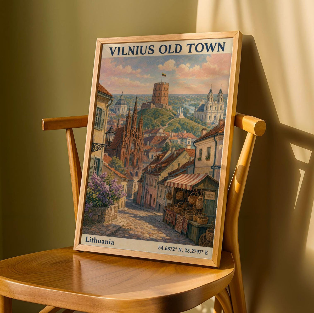 Decorative wall art of Vilnius Old Town Art Print rendered in illustrated style