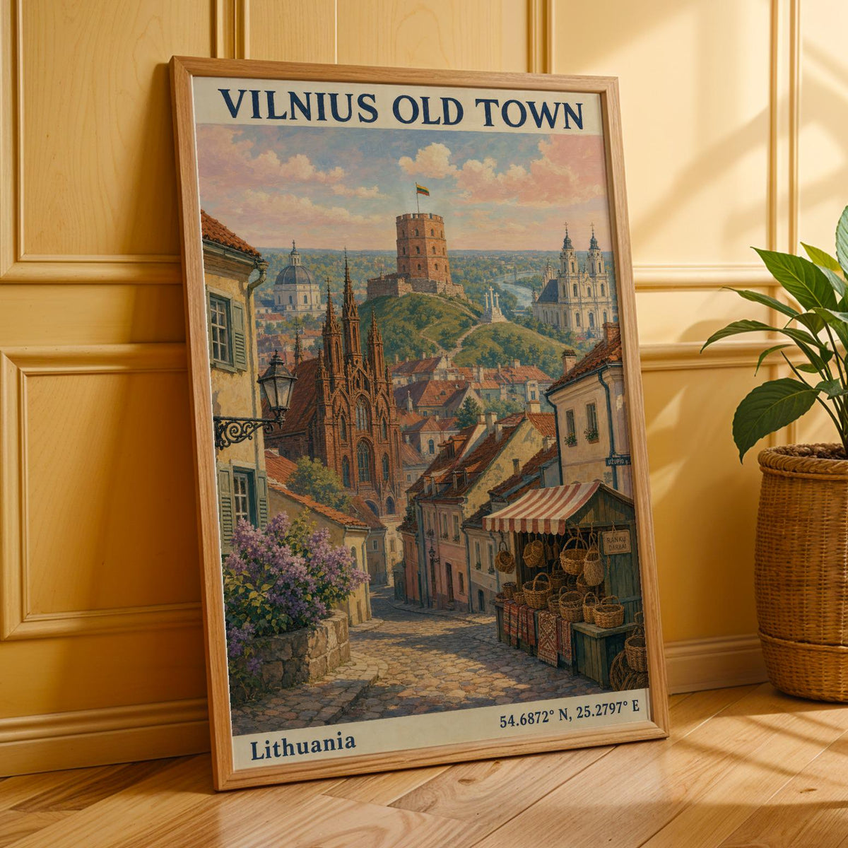 Wall art print depicting Vilnius Old Town Art Print with illustrated brushwork