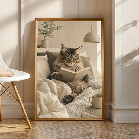 Maine Coon Cat Reading in Bed illustrated in Scandinavian Gouache style on a poster