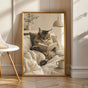 Maine Coon Cat Reading in Bed illustrated in Scandinavian Gouache style on a poster