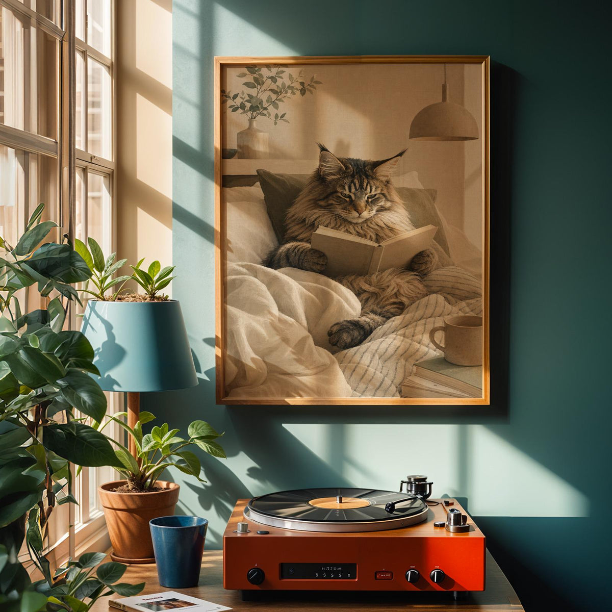 Art print featuring Maine Coon Cat Reading in Bed in a Scandinavian Gouache composition