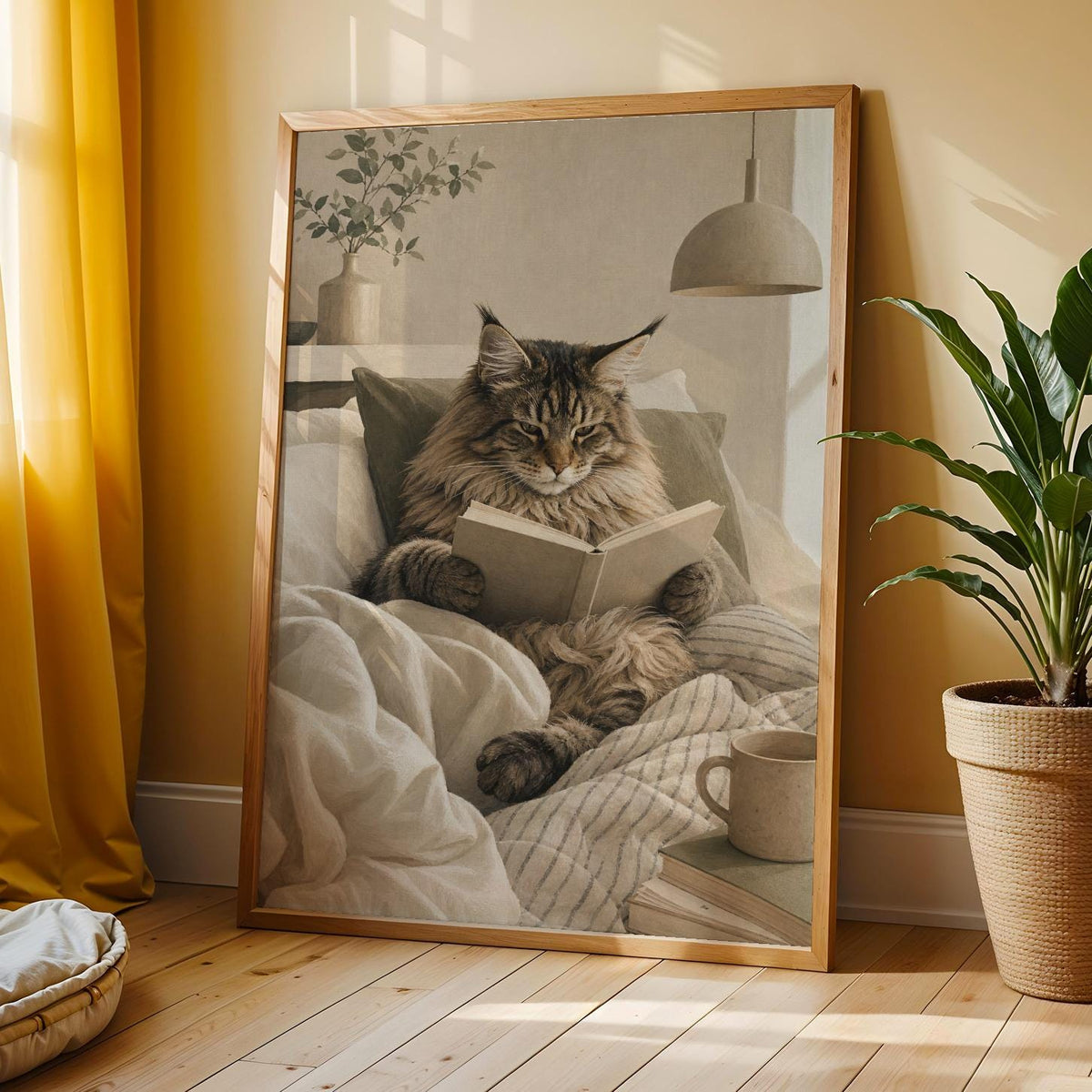 Poster illustration depicting Maine Coon Cat Reading in Bed with Scandinavian Gouache details