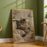 Scandinavian Gouache artwork featuring Maine Coon Cat Reading in Bed