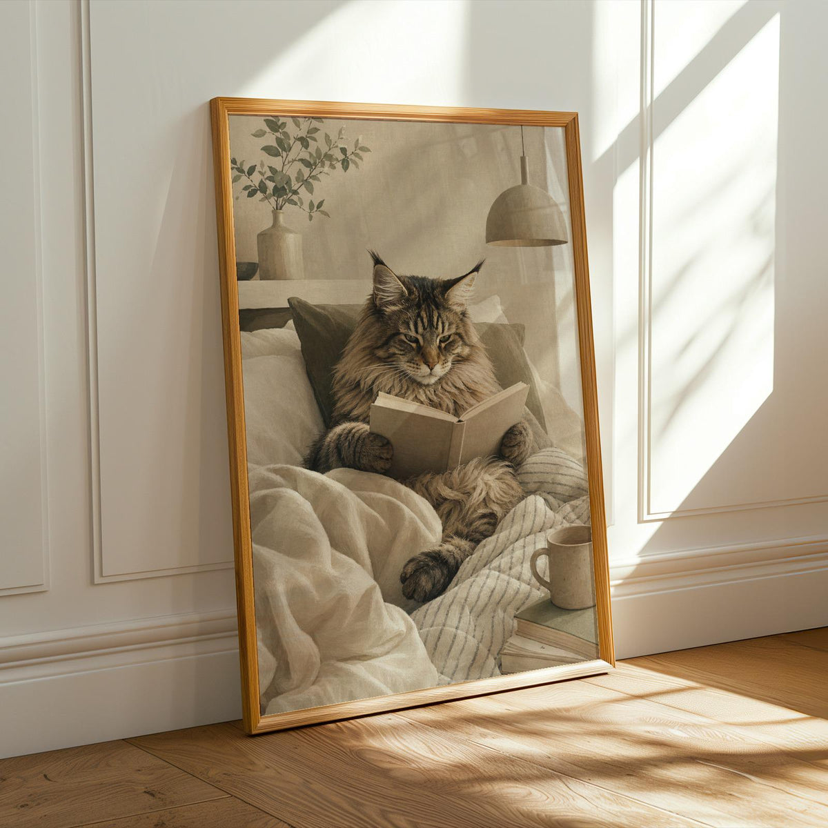 Illustration of Maine Coon Cat Reading in Bed in a Scandinavian Gouache art print