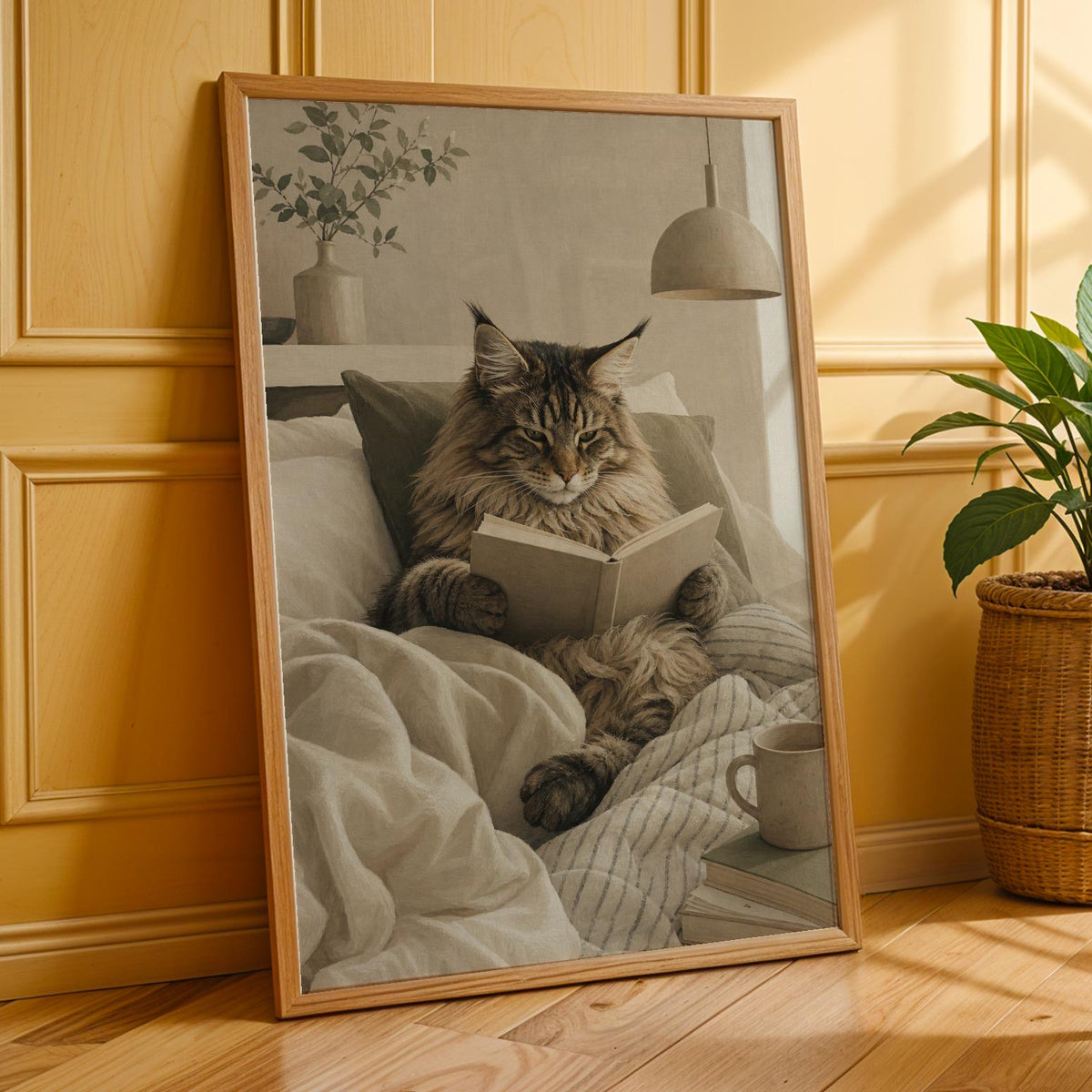 Poster of Maine Coon Cat Reading in Bed featuring Scandinavian Gouache artistic treatment