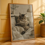 Poster of Maine Coon Cat Reading in Bed featuring Scandinavian Gouache artistic treatment