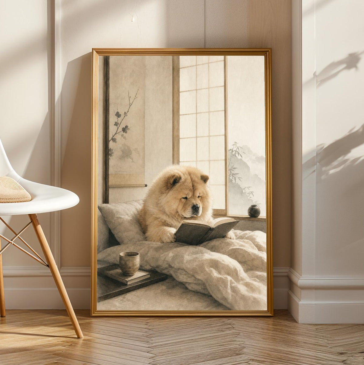 Chow Chow Reading in Bed illustrated in Zen Ink Wash style on a poster