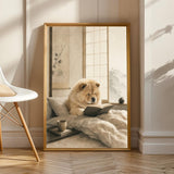 Chow Chow Reading in Bed illustrated in Zen Ink Wash style on a poster