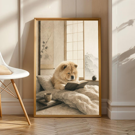 Chow Chow Reading in Bed illustrated in Zen Ink Wash style on a poster