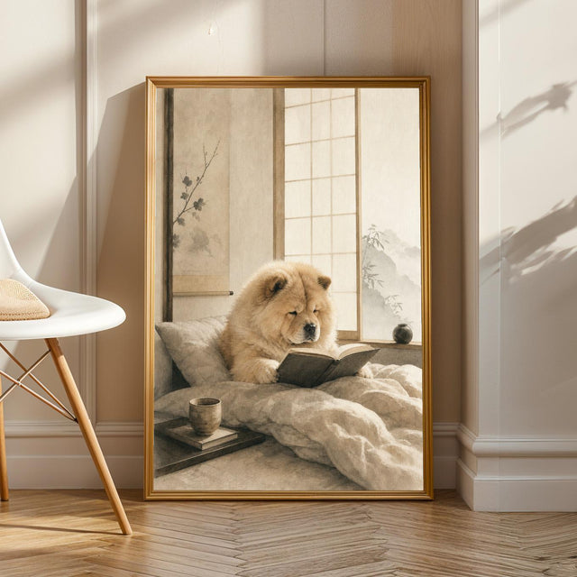 Chow Chow Reading in Bed illustrated in Zen Ink Wash style on a poster