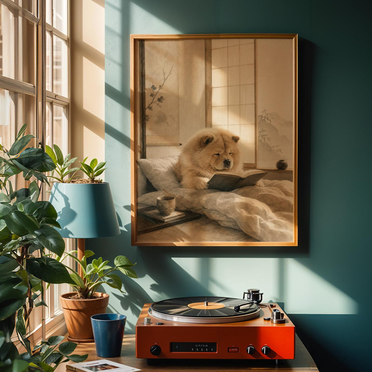 Art print featuring Chow Chow Reading in Bed in a Zen Ink Wash composition