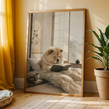 Poster illustration depicting Chow Chow Reading in Bed with Zen Ink Wash details