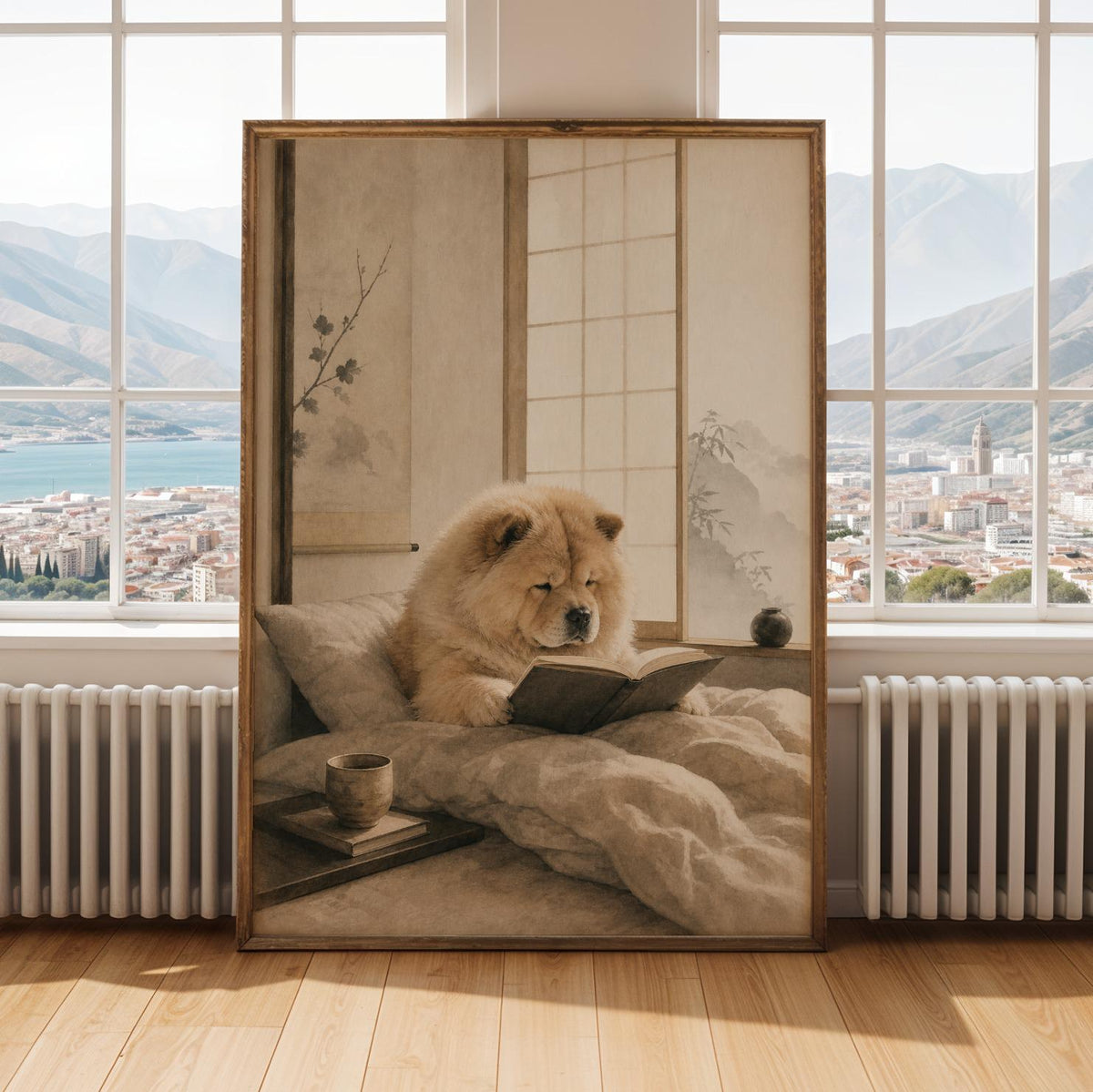 Chow Chow Reading in Bed portrayed in a Zen Ink Wash paper poster design