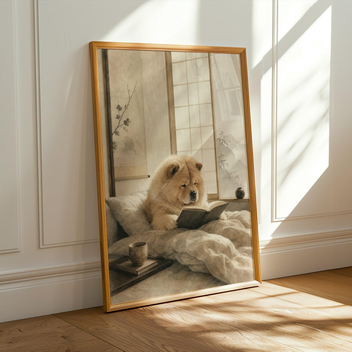 Illustration of Chow Chow Reading in Bed in a Zen Ink Wash art print