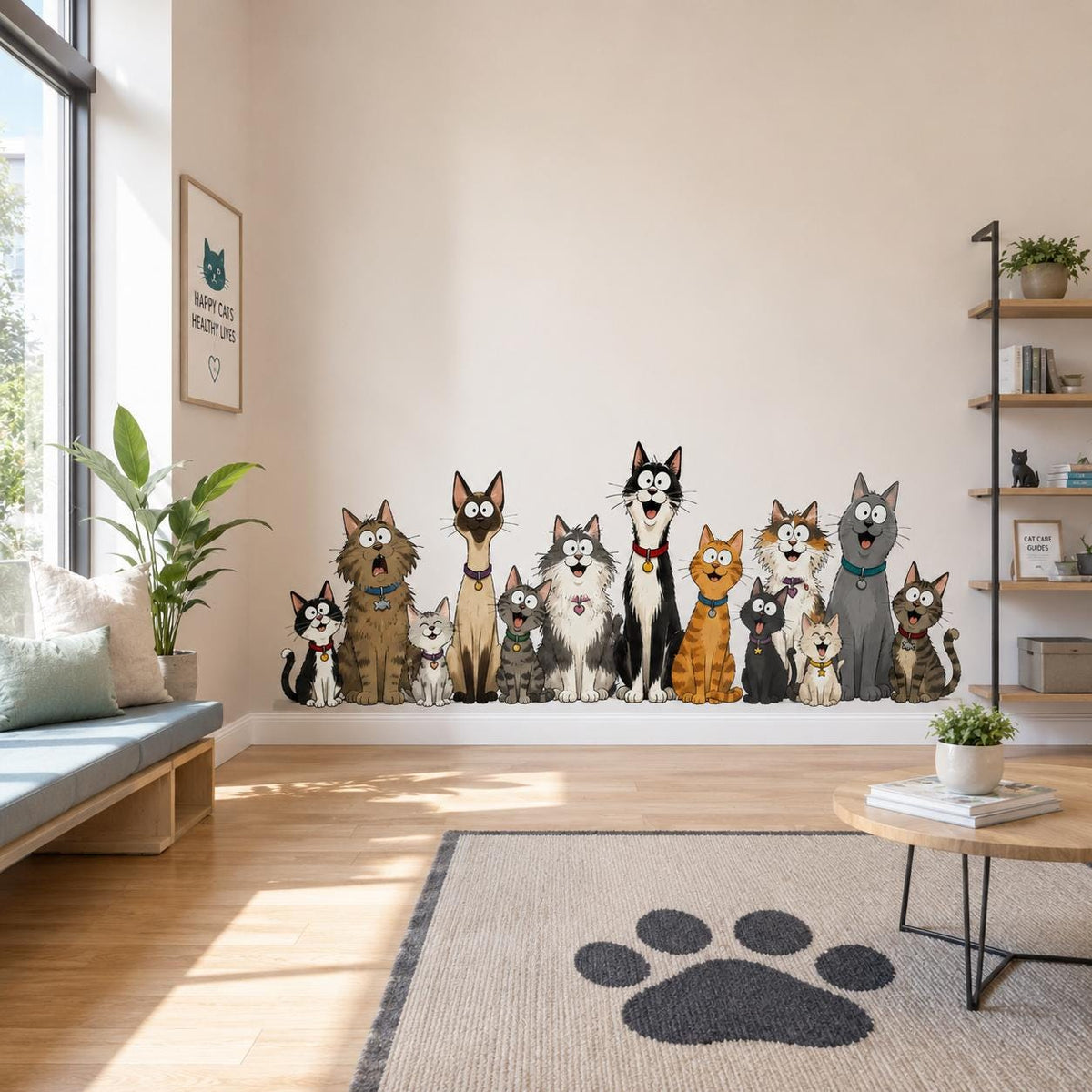 Illustrated vinyl wall sticker depicting a lineup of wide eyed cartoon kittens with different coat patterns
