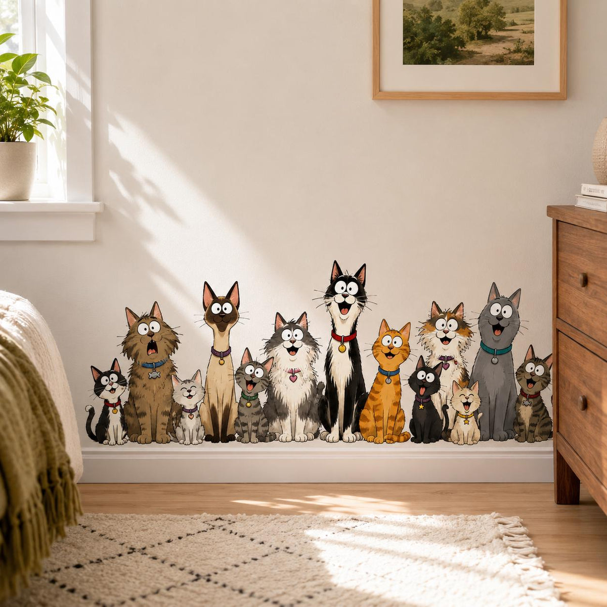 Funny cats wall sticker artwork with a lineup of wide eyed cartoon kittens with different coat patterns
