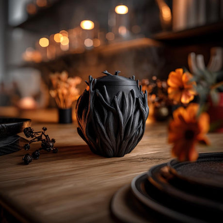 3D printed dark woodland memorial urn featuring twisting tree roots and branch details wrapping the vessel