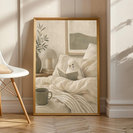 White Budgerigar Reading in Bed illustrated in Modern Matte Gouache style on a poster