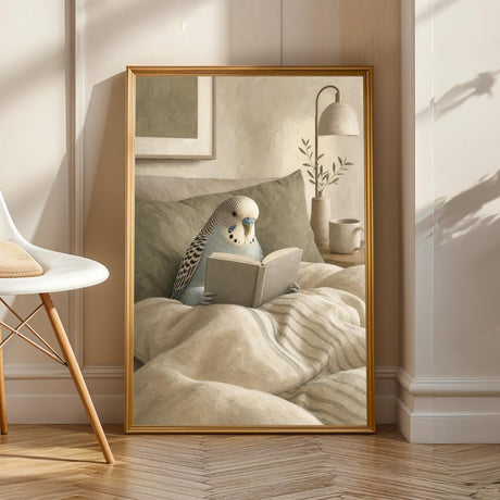 English Budgerigar Reading in Bed illustrated in Modern Gouache style on a poster