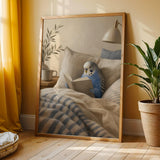 Cobalt Blue Budgerigar Reading in Bed shown in a modern gouache wall art print