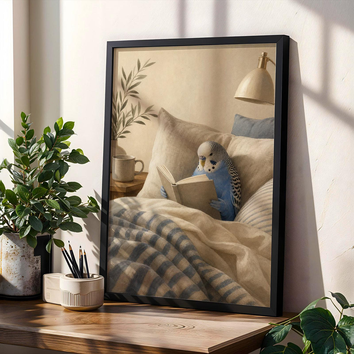 Decorative poster design featuring Cobalt Blue Budgerigar Reading in Bed in modern gouache style