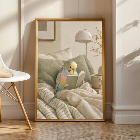 Rainbow Budgerigar Reading in Bed illustrated in Modern Gouache style on a poster