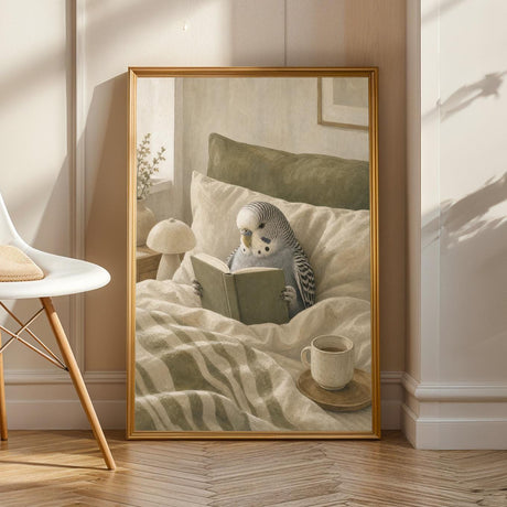 Grey Budgerigar Reading in Bed illustrated in Modern Soft Gouache style on a poster