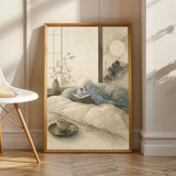 Sky Blue Budgerigar Reading in Bed in a japanese zen ink wash poster illustration