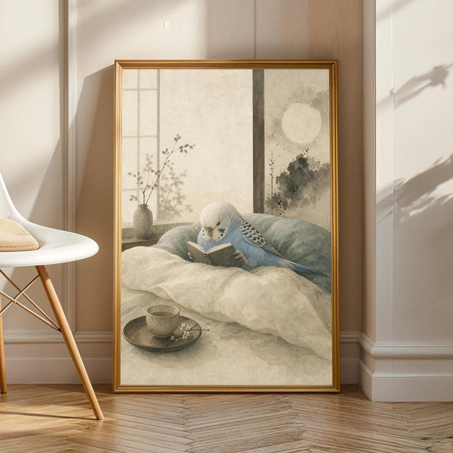 Sky Blue Budgerigar Reading in Bed in a japanese zen ink wash poster illustration