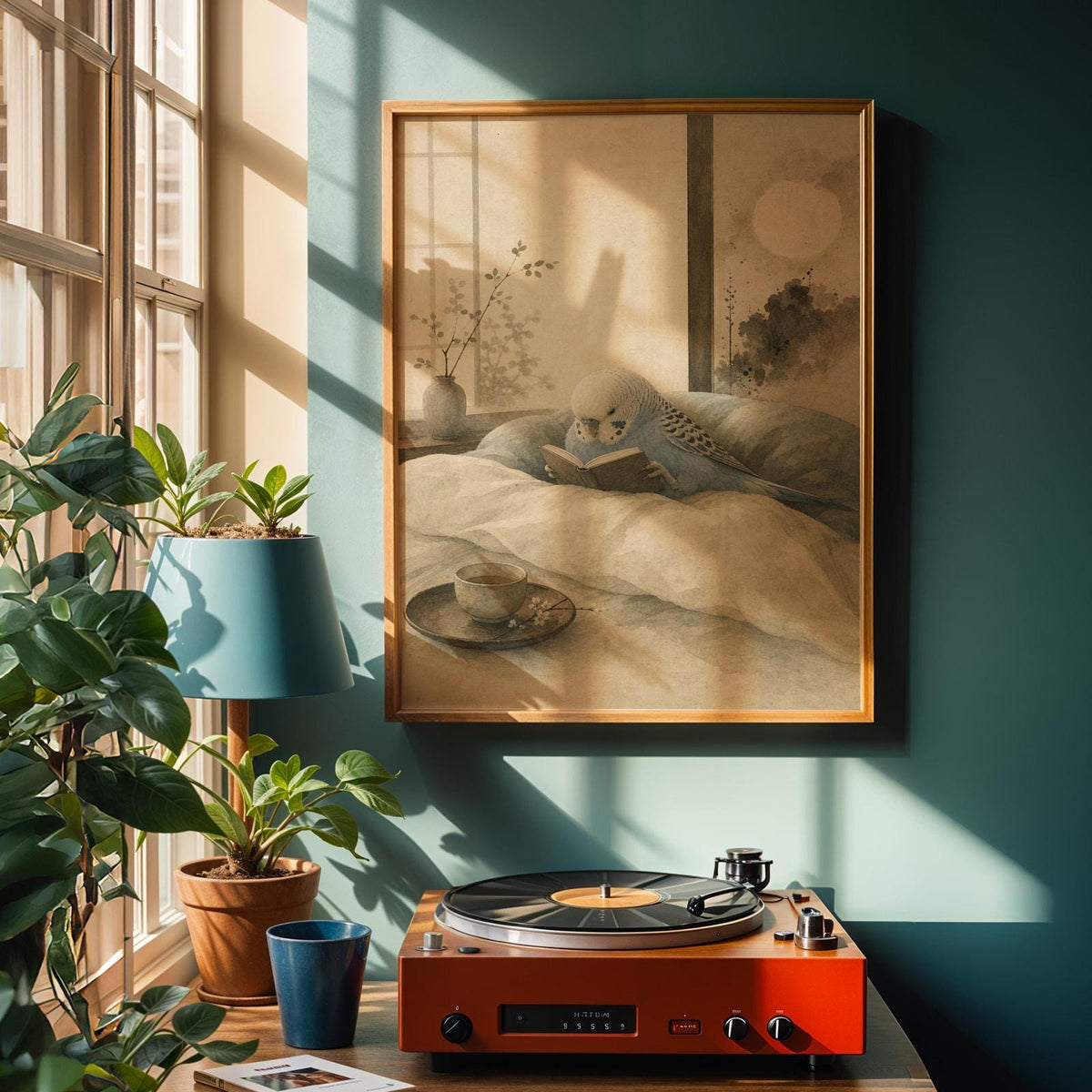 Poster artwork depicting Sky Blue Budgerigar Reading in Bed in japanese zen ink wash style