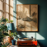 Poster artwork depicting Sky Blue Budgerigar Reading in Bed in japanese zen ink wash style