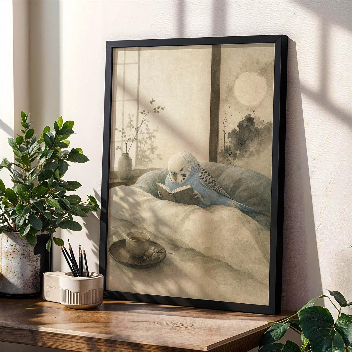 Decorative poster design featuring Sky Blue Budgerigar Reading in Bed in japanese zen ink wash style