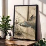 Decorative poster design featuring Sky Blue Budgerigar Reading in Bed in japanese zen ink wash style