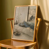 Sky Blue Budgerigar Reading in Bed depicted in a japanese zen ink wash art poster