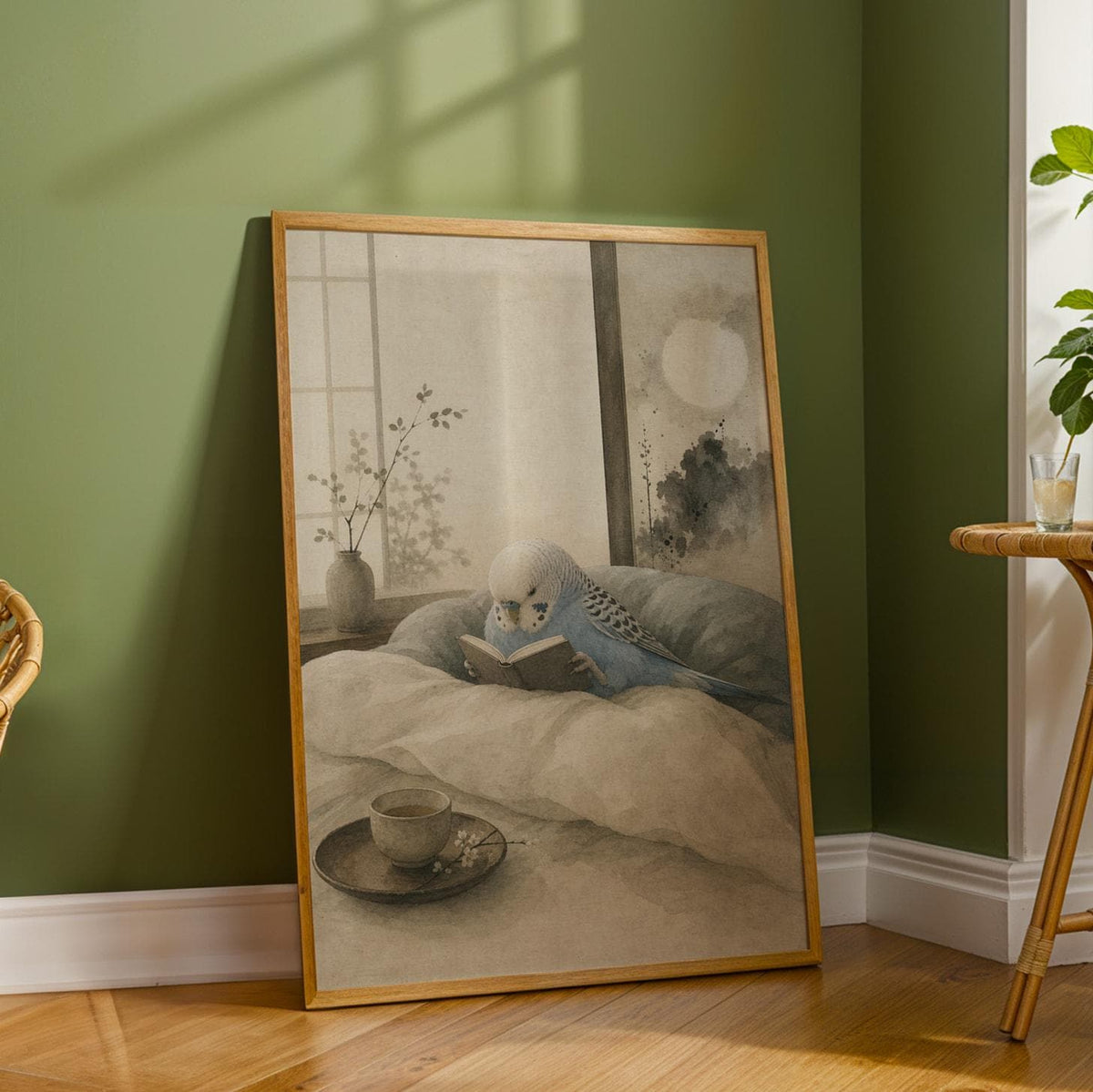 Wall art poster of Sky Blue Budgerigar Reading in Bed in japanese zen ink wash painted style