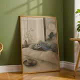 Wall art poster of Sky Blue Budgerigar Reading in Bed in japanese zen ink wash painted style