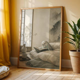 English Budgerigar Reading in Bed shown in a japanese zen ink wash wall art print