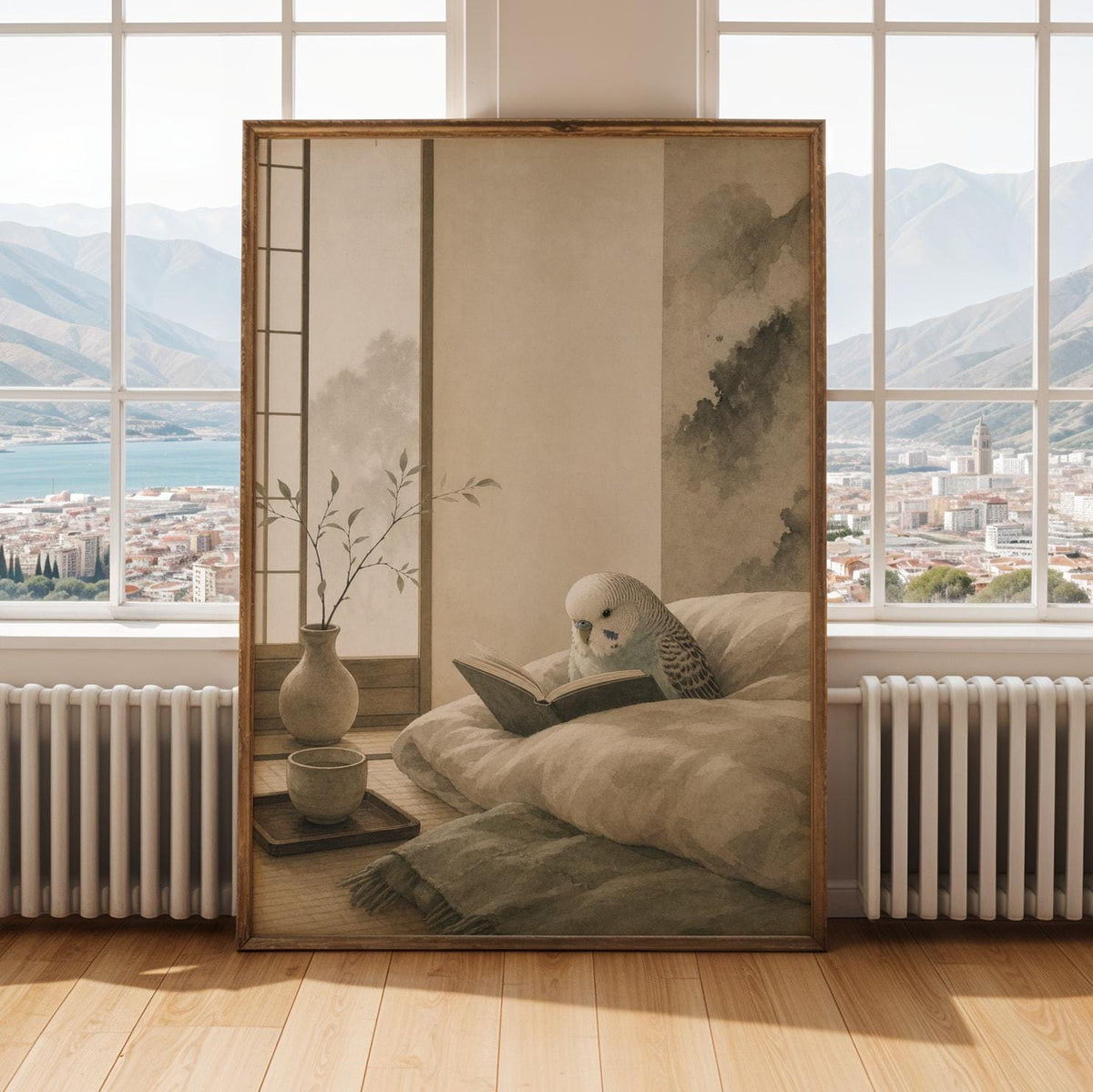 Print illustration of English Budgerigar Reading in Bed with japanese zen ink wash artwork