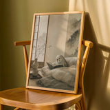 English Budgerigar Reading in Bed depicted in a japanese zen ink wash art poster